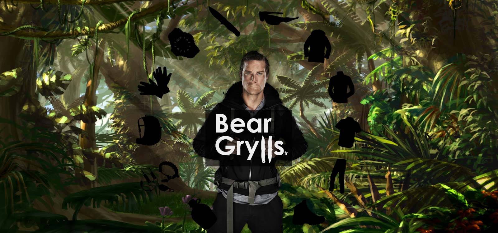 Bear Grylls entouré des différentes catégories d’équipement du fansite